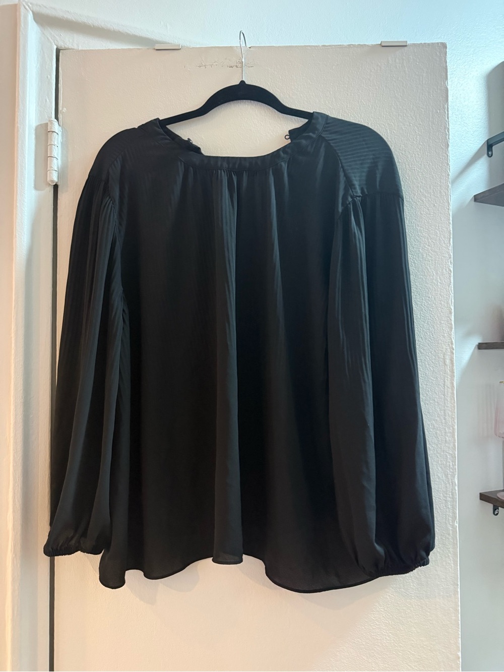 Adrianna Papell Black Long-Sleeve Pleated Silk-Look Blouse
